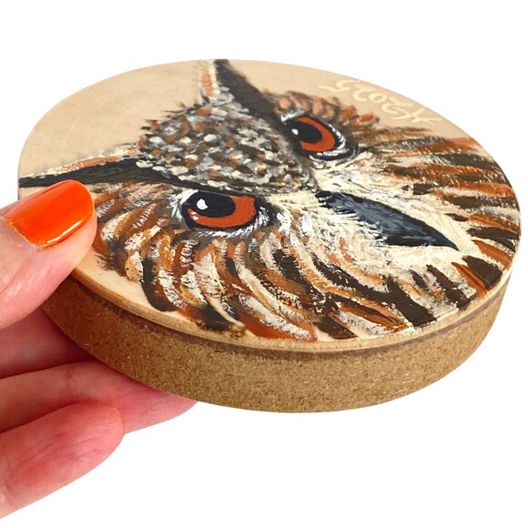 Owl Original Acrylic Bird Painting on Wood Round 4in Desk or Wall Art - Picture 3 of 6